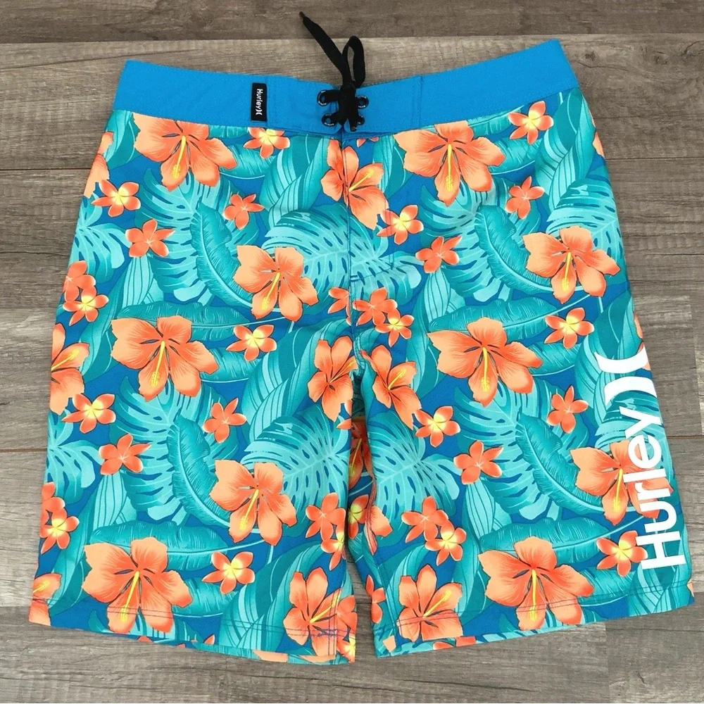 New Hurley Boys Cabana Blue Orange Hibiscus Board Shorts Size 10